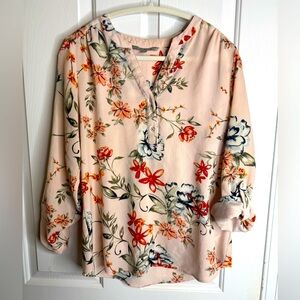VALERIE STEVENS pink with multicolored floral print 3-button v-neck blouse